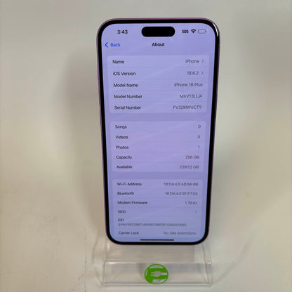 Unlocked Apple iPhone 16 Plus 256GB Pink MXV13LL/A