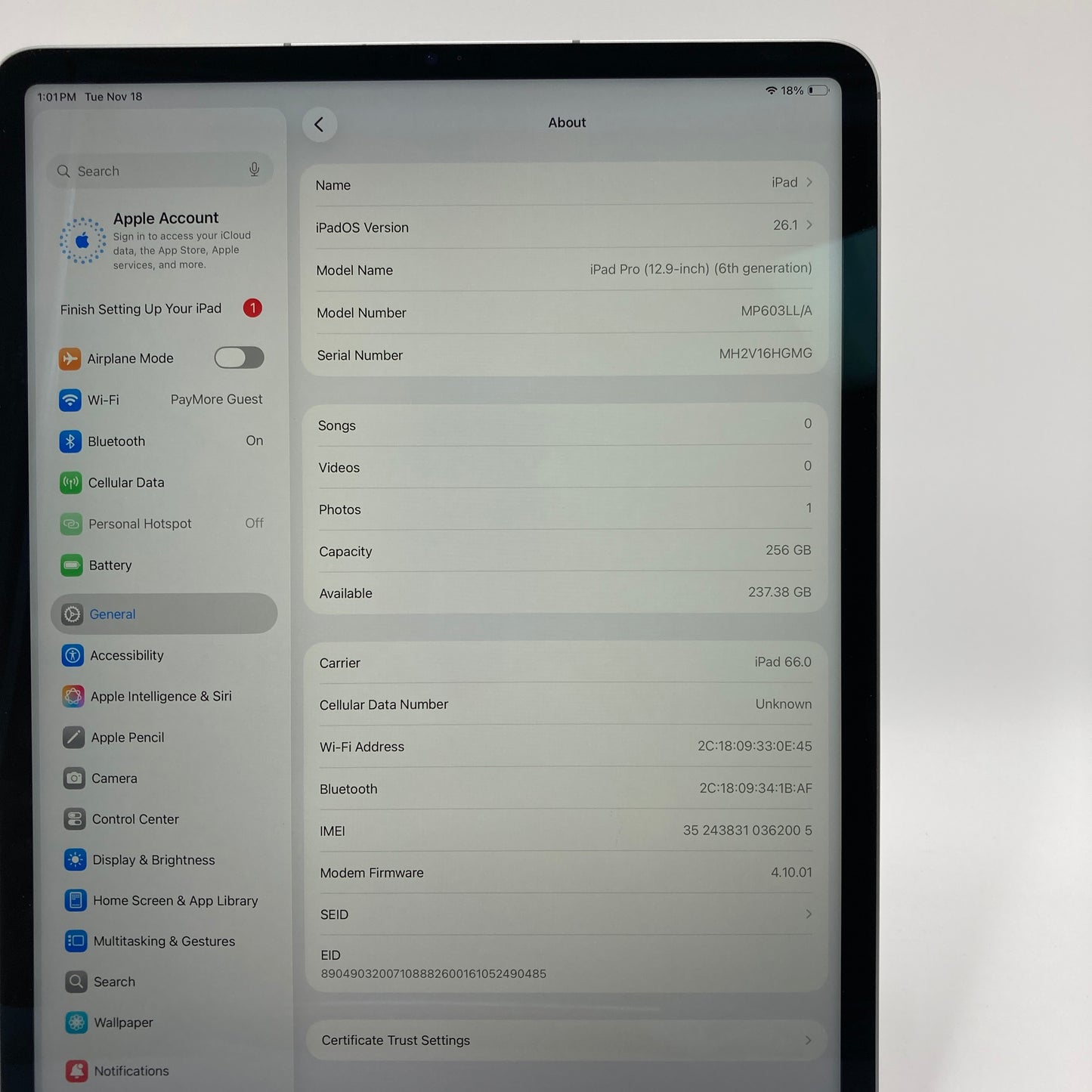 WiFi Only Apple iPad Pro 12.9" 6th Gen 256GB Space Gray MP603LL/A