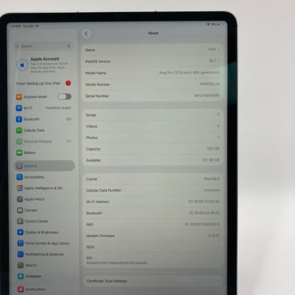 WiFi Only Apple iPad Pro 12.9" 6th Gen 256GB Space Gray MP603LL/A